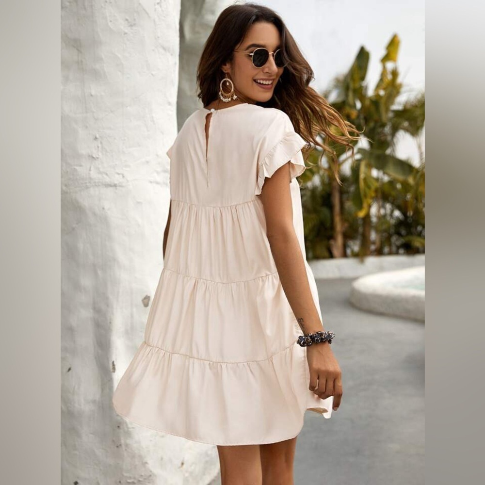 SHEIN Beige Tiered Ruffle Sleeve Mini Smock Dress - Size Small - Picture 3 of 11